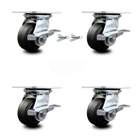 Service Caster 4 Inch Rubber on Steel Caster Set with Ball Bearing 4 Brake and 2 Swivel Lock SCC-35S420-RSB-SLB-BSL-2-SLB-2